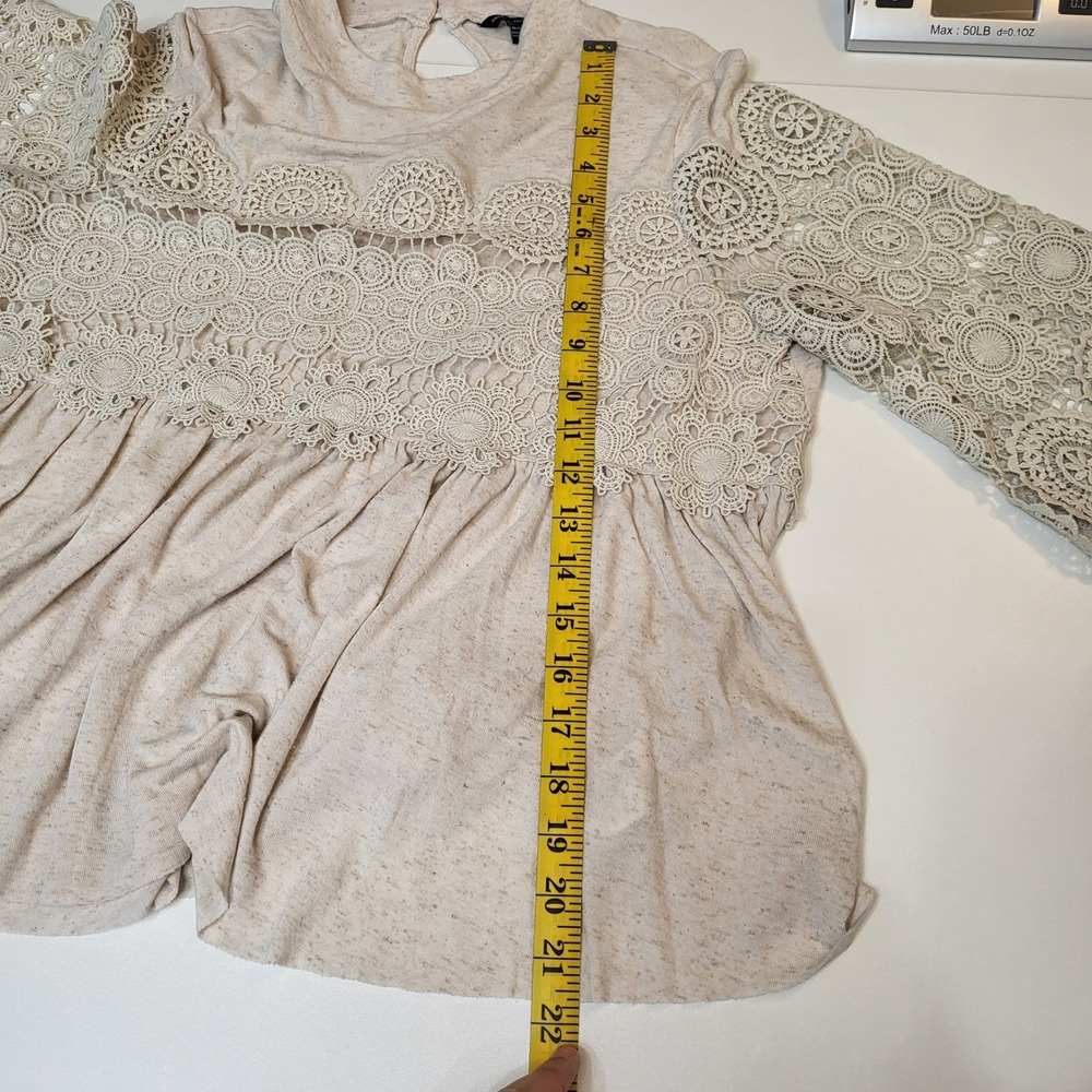 American Eagle Womens Mock Neck Crochet Lace Babydoll Top Oatmeal Heather Medium - Picture 11 of 11